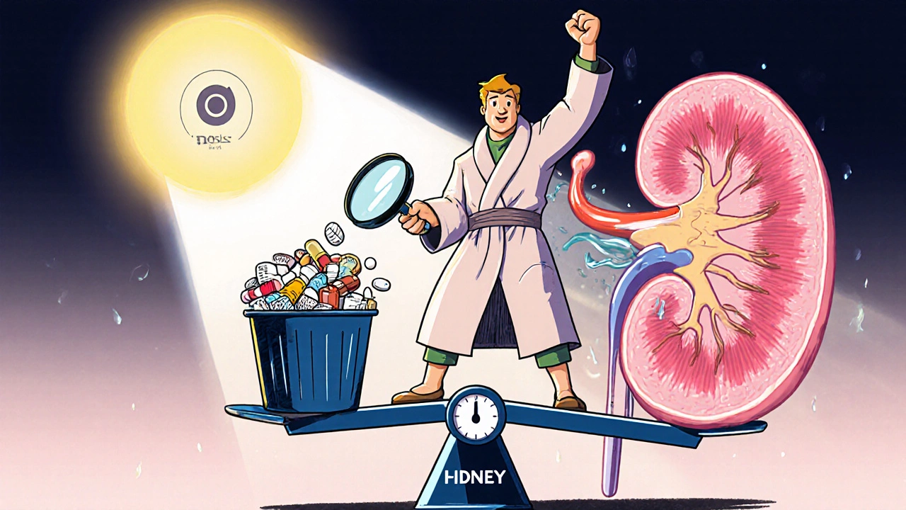 A patient defeating harmful meds with a magnifying glass, aided by a glowing AI icon.