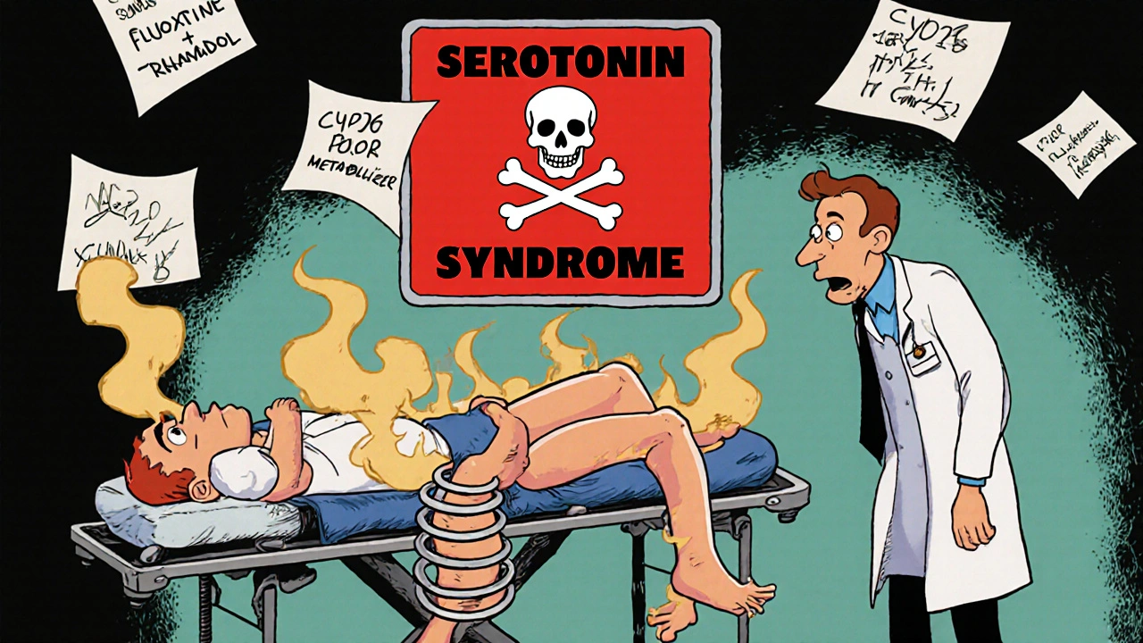 A patient in an ER with fever and muscle spasms, a giant warning label hovering above, medical charts fluttering in the background.