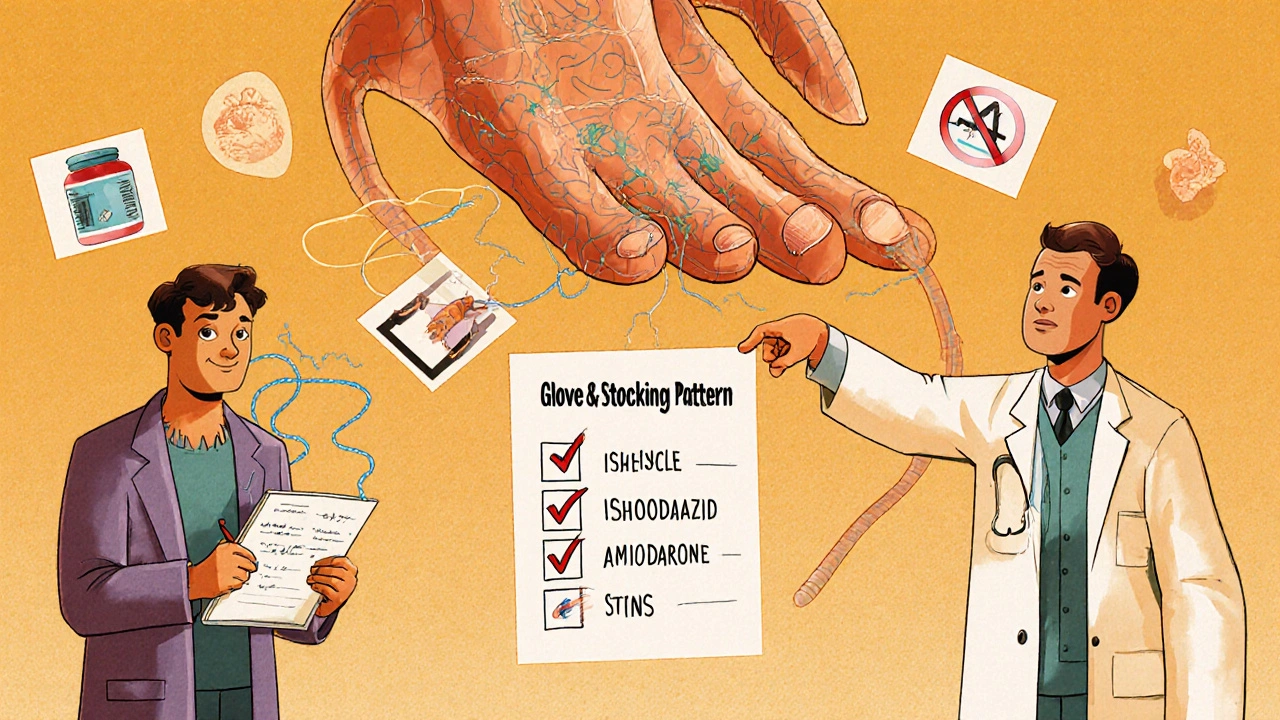 A patient with floating drug icons and a doctor pointing to a glove-and-stocking nerve pattern in vintage cartoon style.