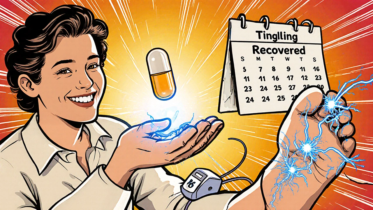 A person healing as a vitamin capsule mends frayed nerves, with a medical device glowing nearby in classic animation style.