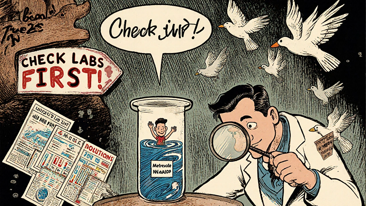 A pharmacist examining a glowing test tube with a patient inside, surrounded by medical warning charts.