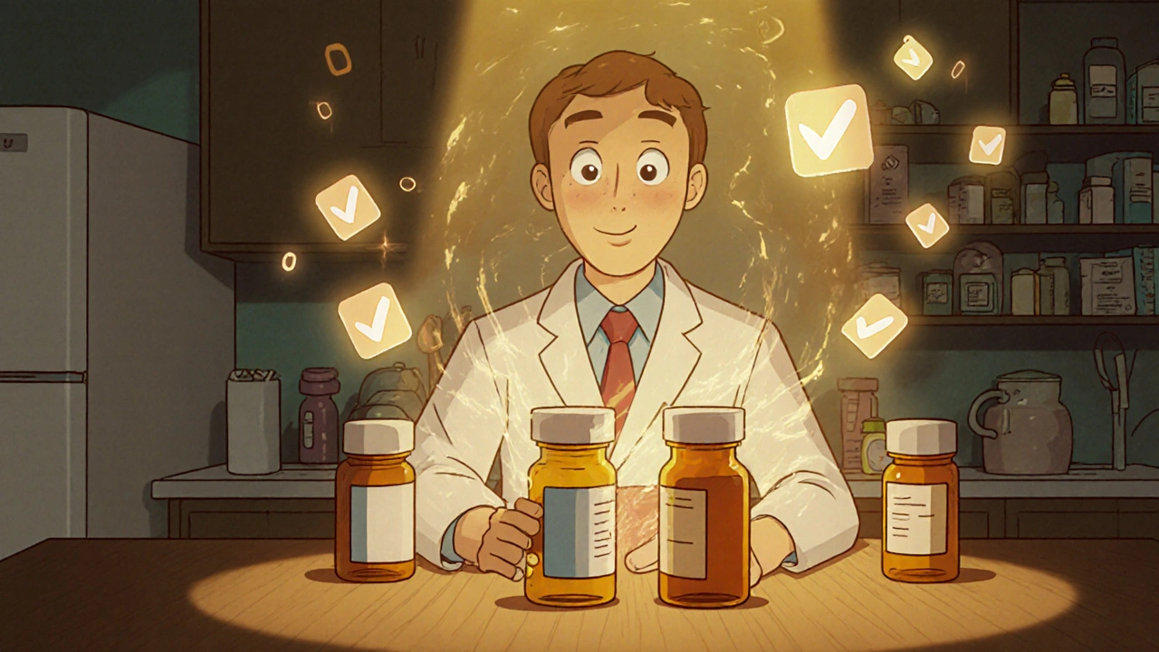 A pharmacist merges two pill bottles into one, with savings icons floating around them.