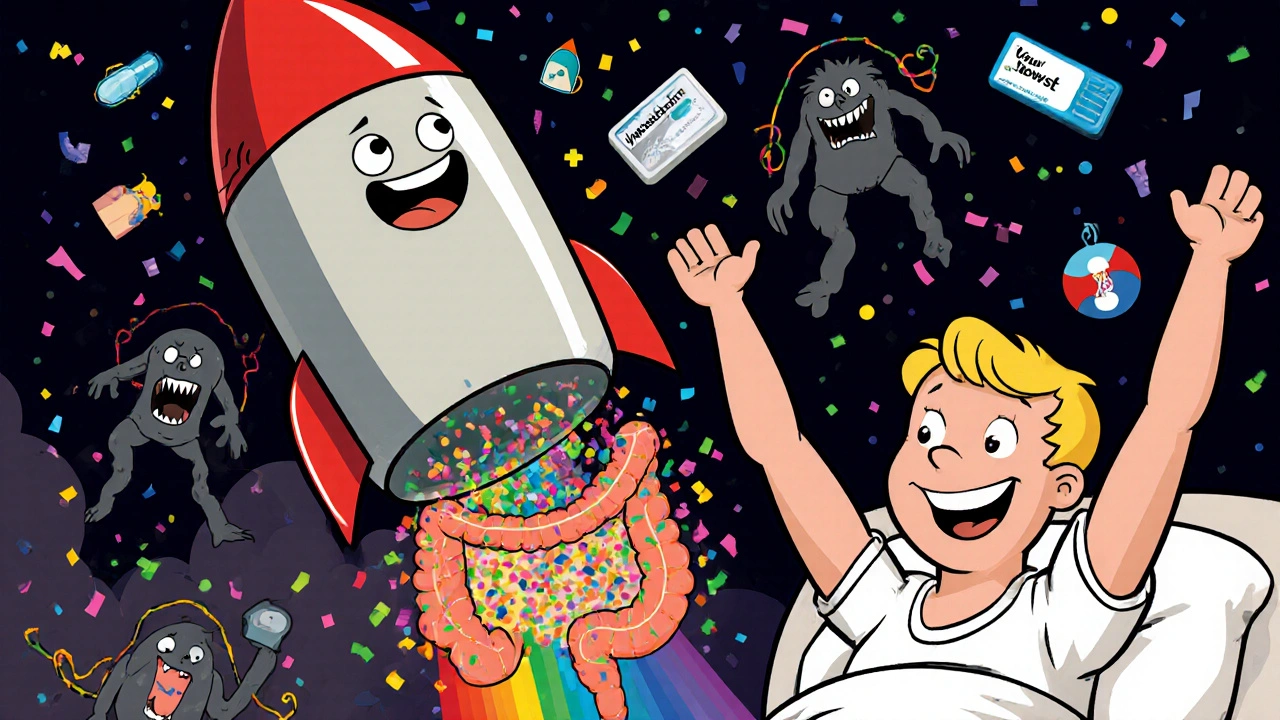 A superhero capsule releases healthy bacteria to defeat C. diff monsters inside a colon, restoring patient health.