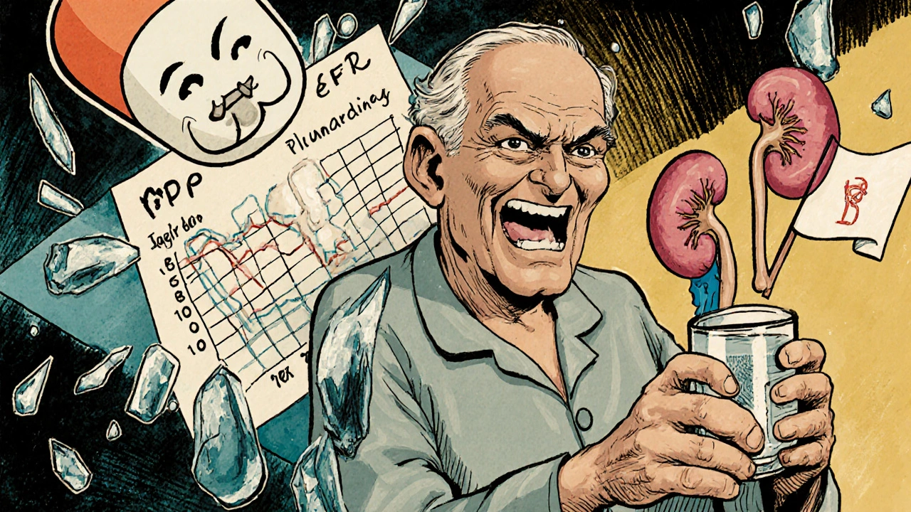 An elderly man facing a menacing ibuprofen tablet, with a falling eGFR chart.