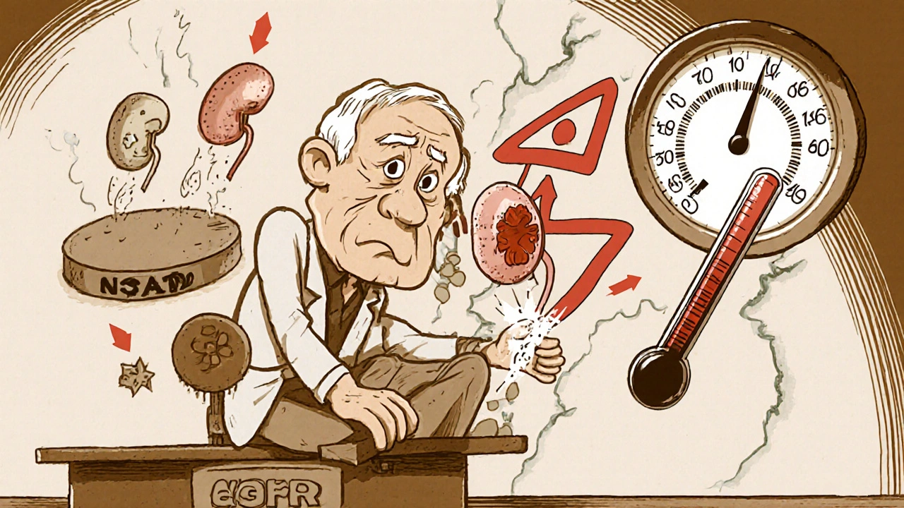 An elderly patient on a tipping scale with warning arrows from kidneys and a cracking eGFR meter.