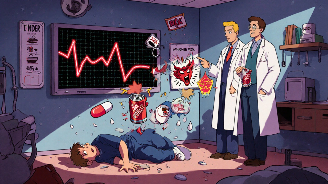 An emergency room scene with a collapsing teen, a spiked EKG, and a devilish energy drink can looming nearby.