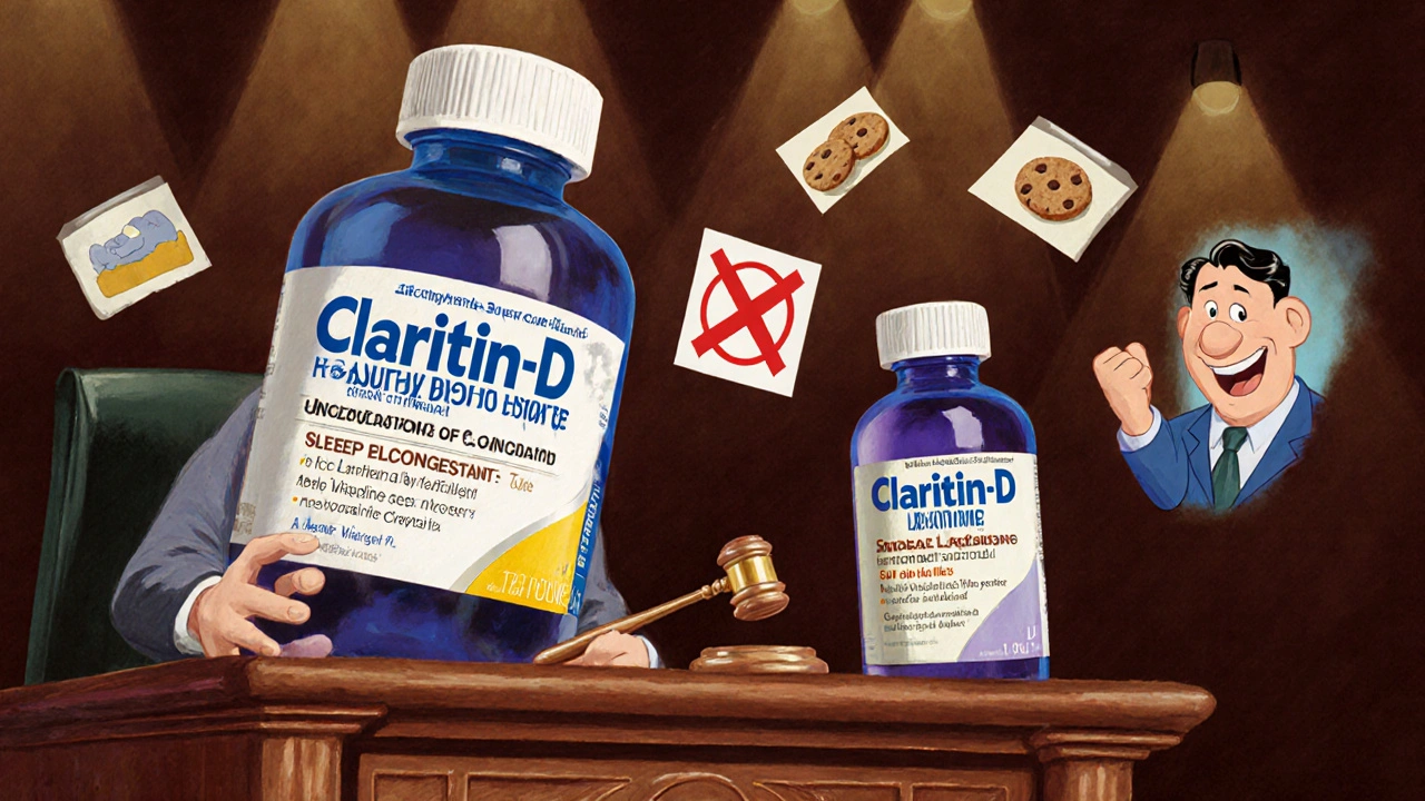 Cartoon courtroom trial where Claritin-D is accused, plain loratadine defends itself