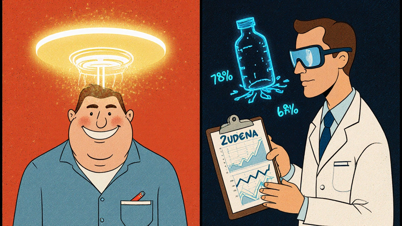 Diabetic man with Zudena success chart vs. Viagra side effects, cartoon style