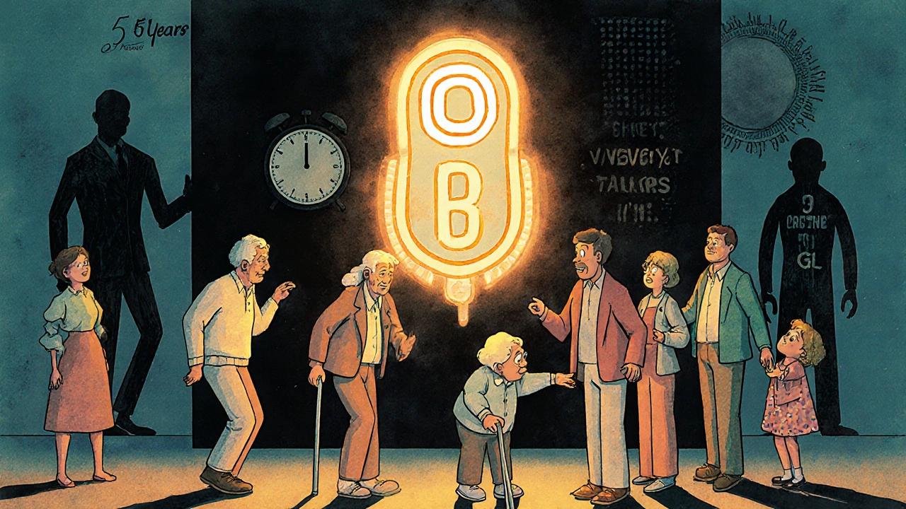 Diverse Parkinson’s patients thriving under a DBS sign, with a fading disease figure behind them.