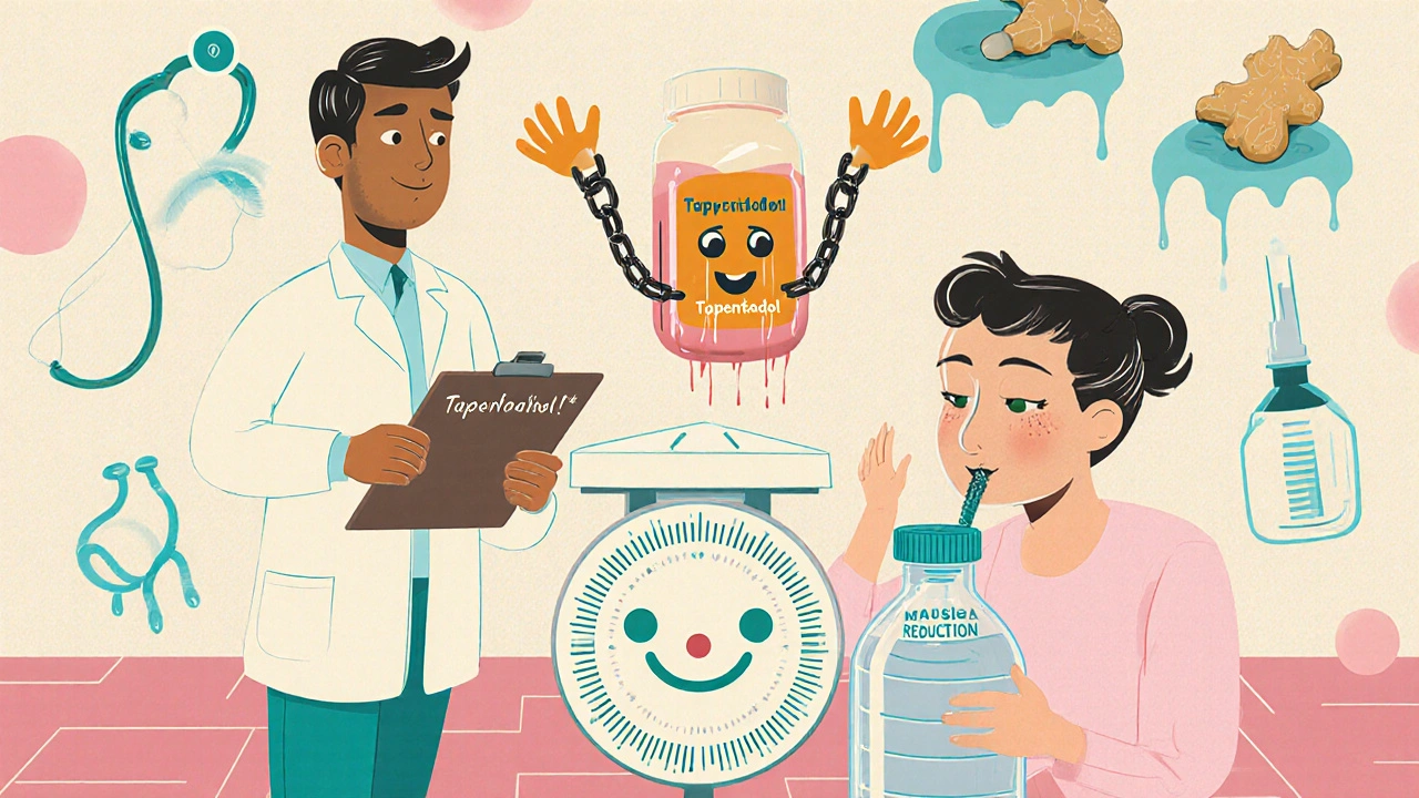 Doctor holding three opioid pills—Tapentadol smiling—as patient sips water calmly.