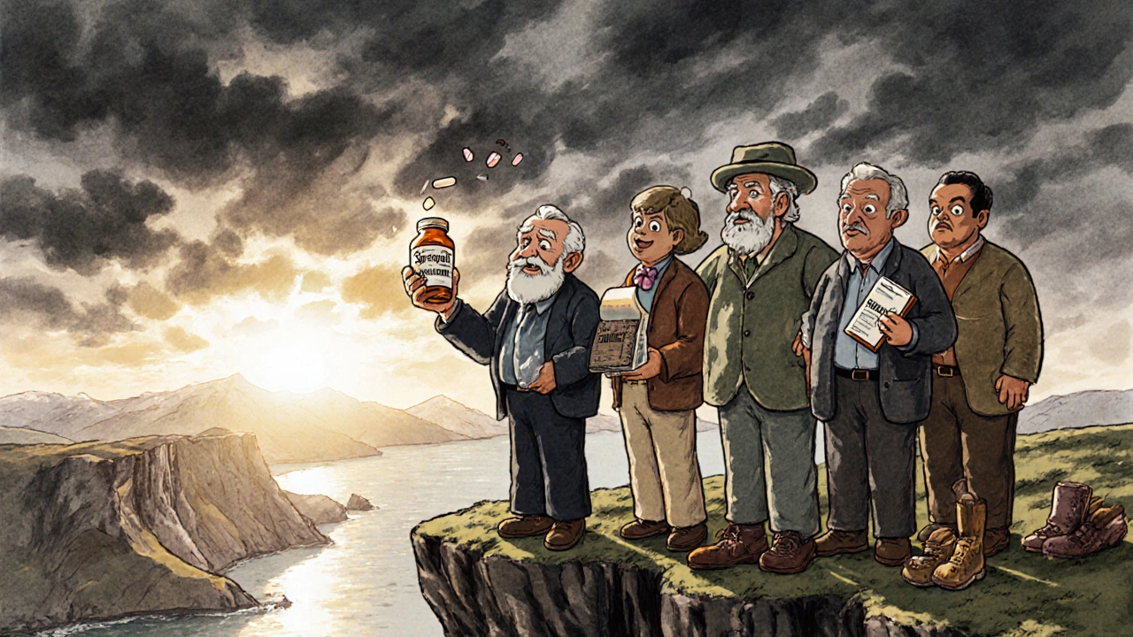 Elderly figures discard medication bottles as one lets go into the wind, replaced by a journal and walking shoes under a sunrise.