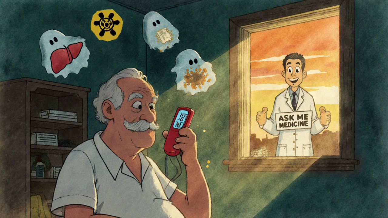 Elderly person checking medicine temperature as degraded pills turn into toxic symbols, pharmacist peering in window.