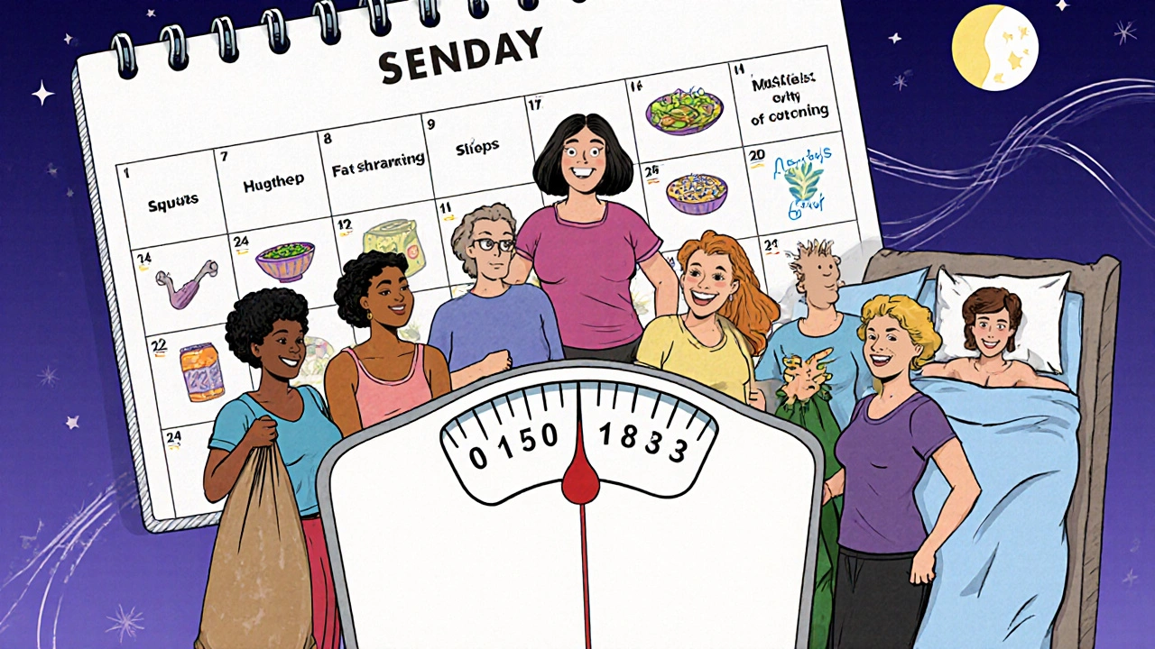 Group of women on scale showing muscle gain, fat loss, and energy rise, with icons of healthy habits around them.