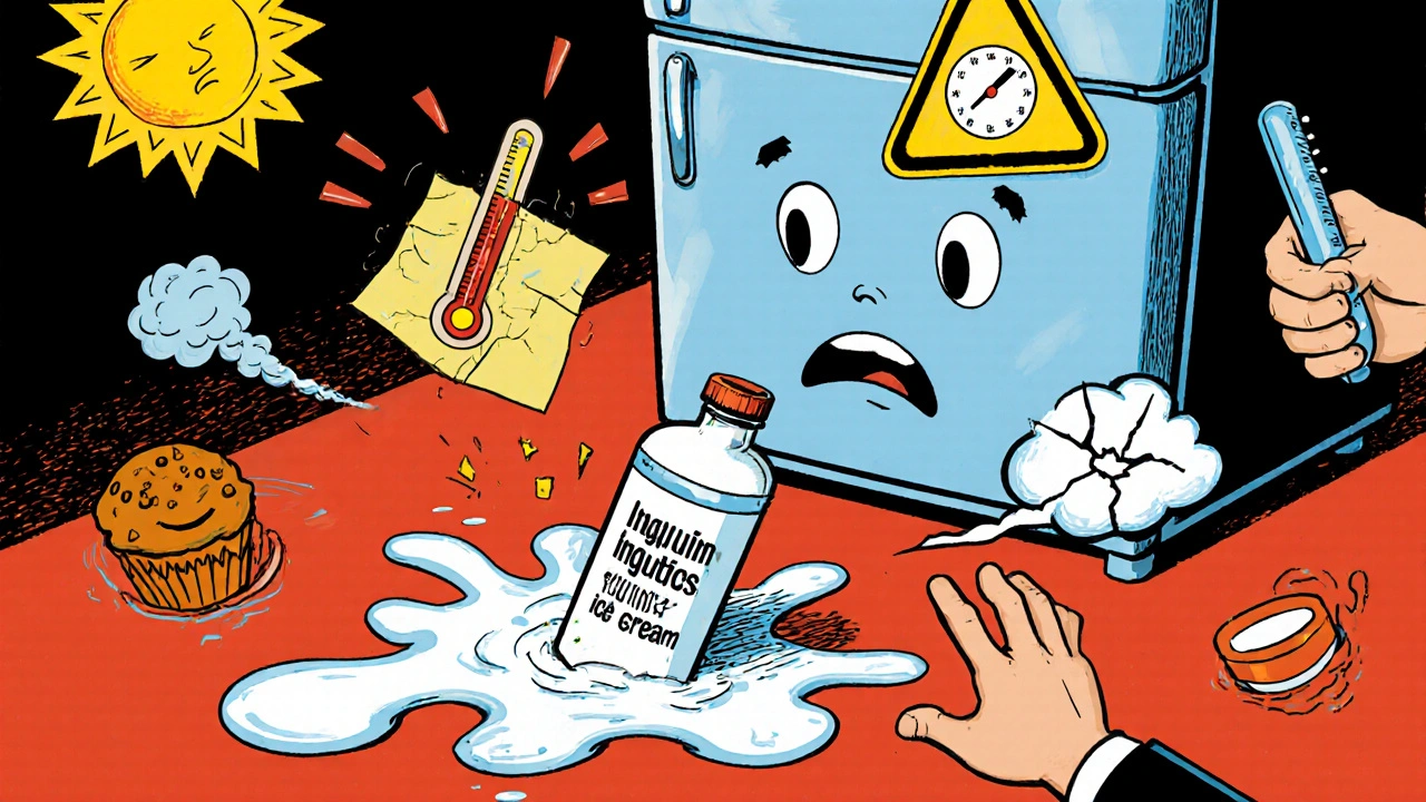 Insulin bottle falling from fridge door into ice cream, with heat and steam warning symbols floating nearby.