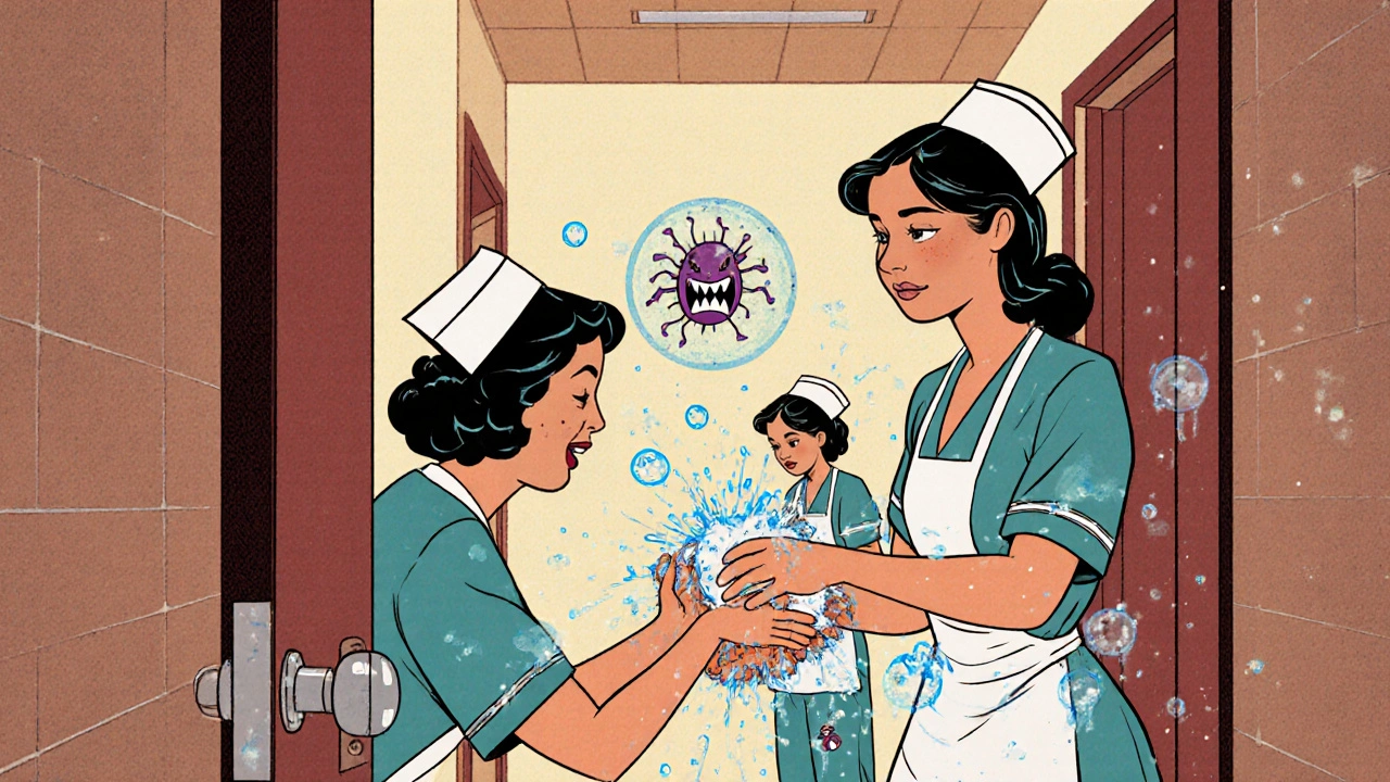 Nurses wash hands with soap as alcohol sanitizers shatter against floating C. diff spores in a hospital hallway.