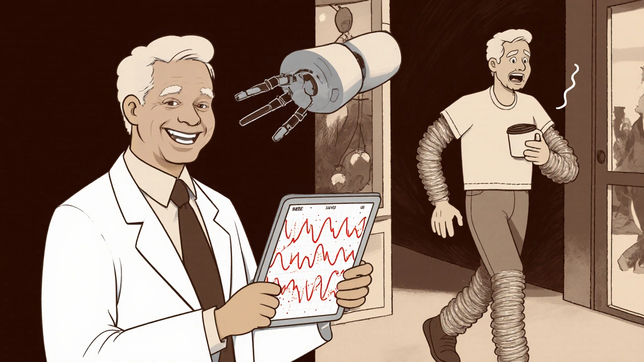 Patient and doctor using a tablet to adjust brain stimulation with before-and-after scenes.