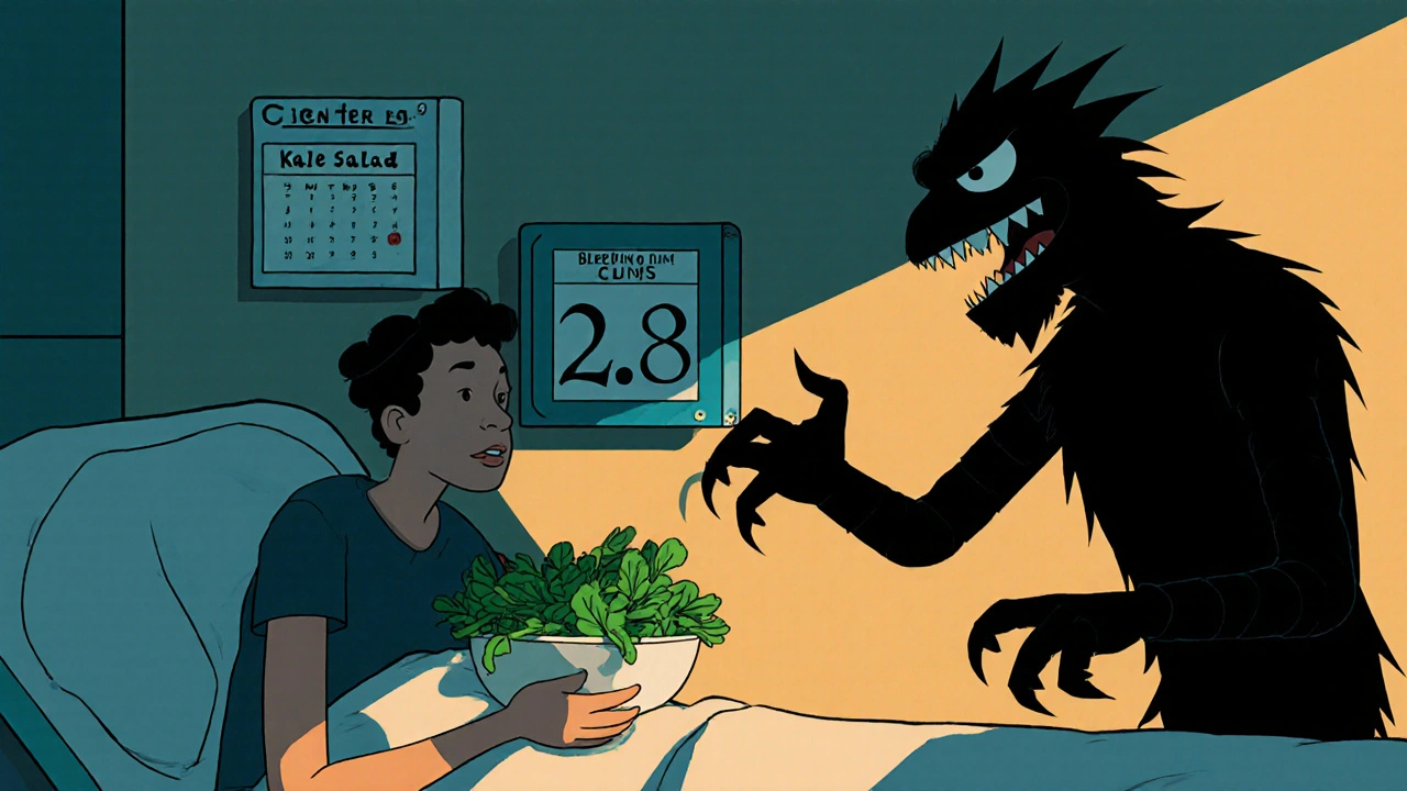 Patient holding spinach as INR Monster pulls monitor number down from 2.8 to 1.9.