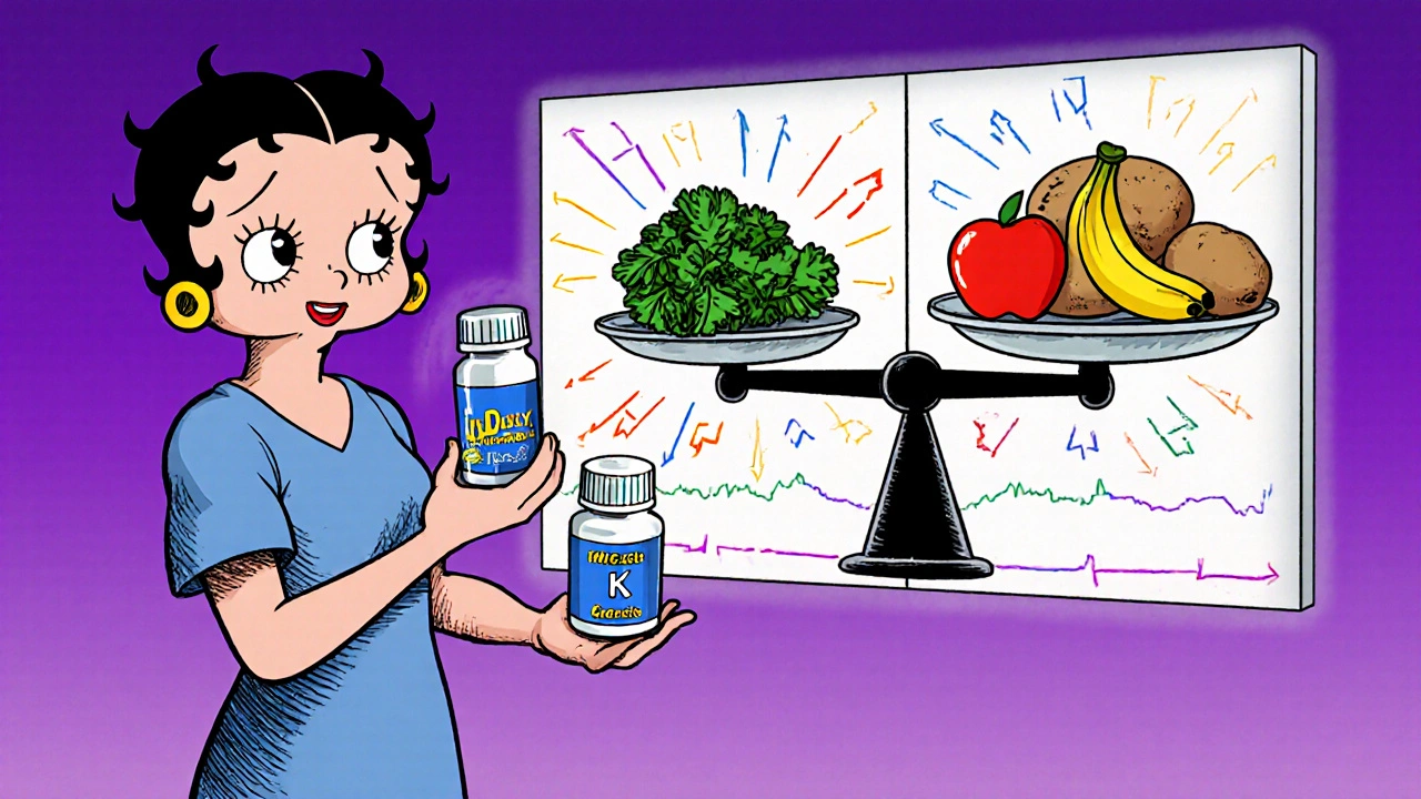 Patient holding vitamin K pill beside balanced food scale with kale and low-K foods.
