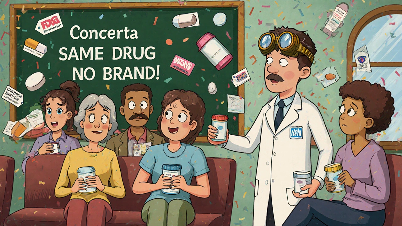 Patients watching their pills transform into generic versions with a doctor explaining on a chalkboard.