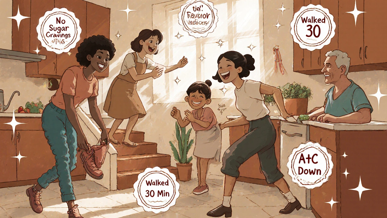 People celebrating everyday health wins in a bright kitchen with floating achievement badges.