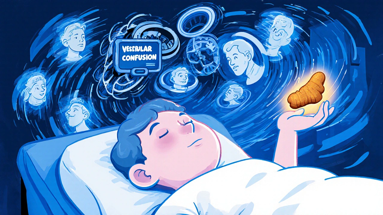 Person lying still with inner ear gears spinning wildly, ginger chew glowing nearby.