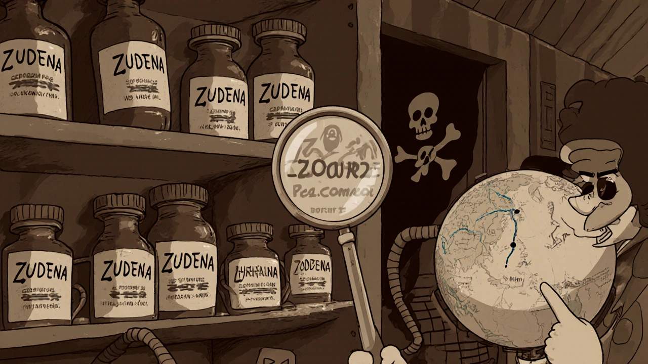 Pharmacy shelf with Zudena and counterfeit pills, cartoon style