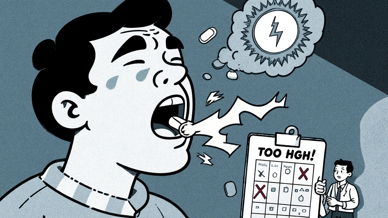 Someone struggling with mouth sores from buprenorphine, with cartoonish pain effects and a mismanaged dose chart.