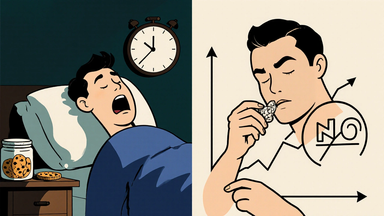 Split cartoon scene showing allergy-related stress vs calm loratadine use with glucose graph