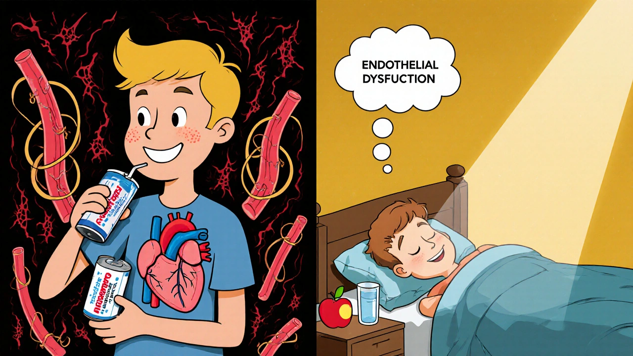 Split scene: a teen with damaged arteries vs. the same teen sleeping peacefully with water and fruit nearby.