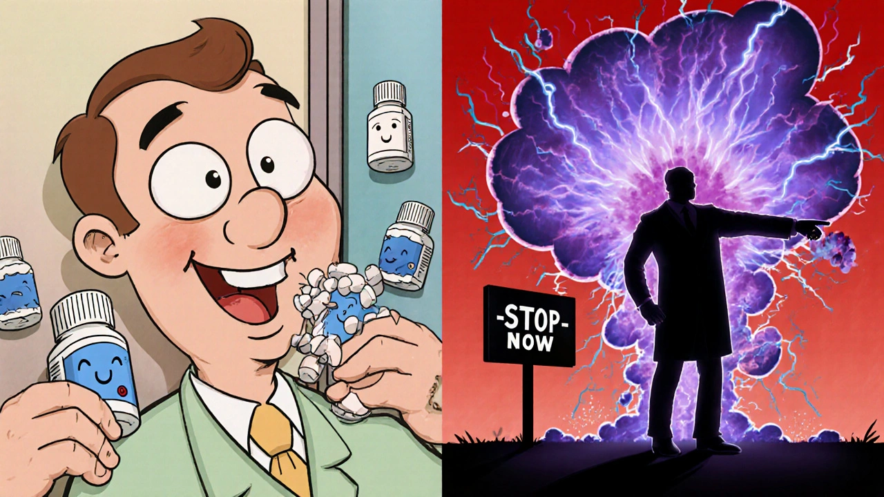 Split scene: one side shows a happy person taking pills, the other shows them convulsing as serotonin explodes in colorful chaos.