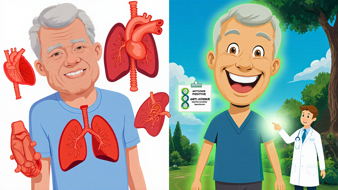 Split scene: sick patient transforms into a healthy one as medical markers glow green in cartoon style.