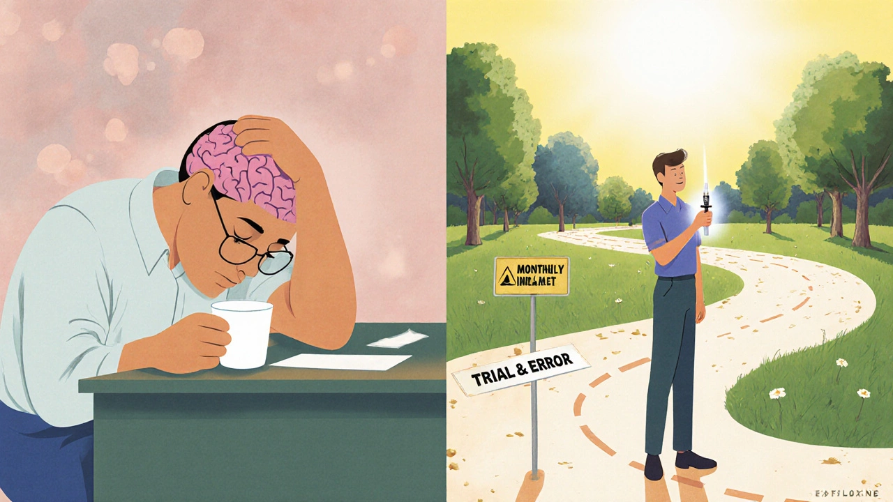 Two figures representing methadone and buprenorphine treatment paths, showing different side effects in a split-panel illustration.