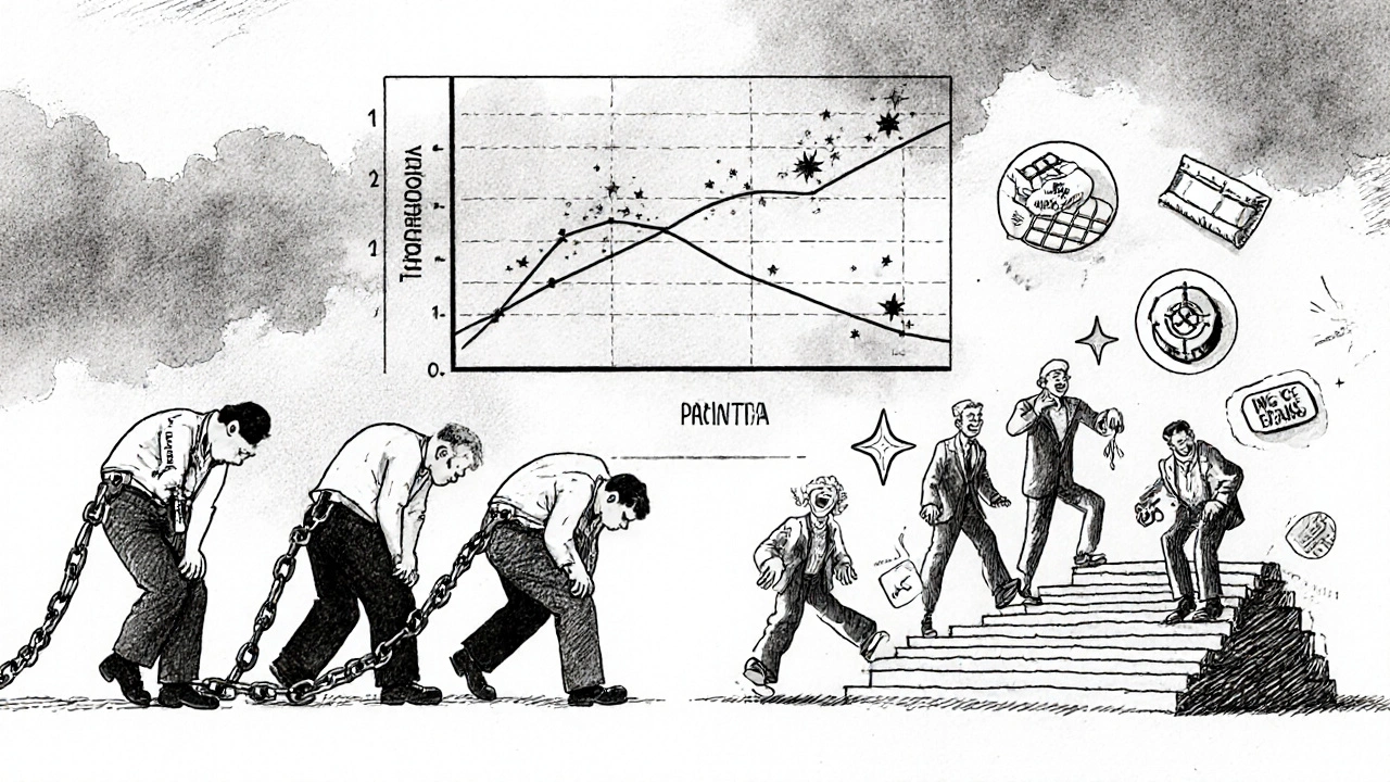 Two groups of people: opioid users dragged down by chains, non-opioid users active with healing icons, a sinking pain graph above them.