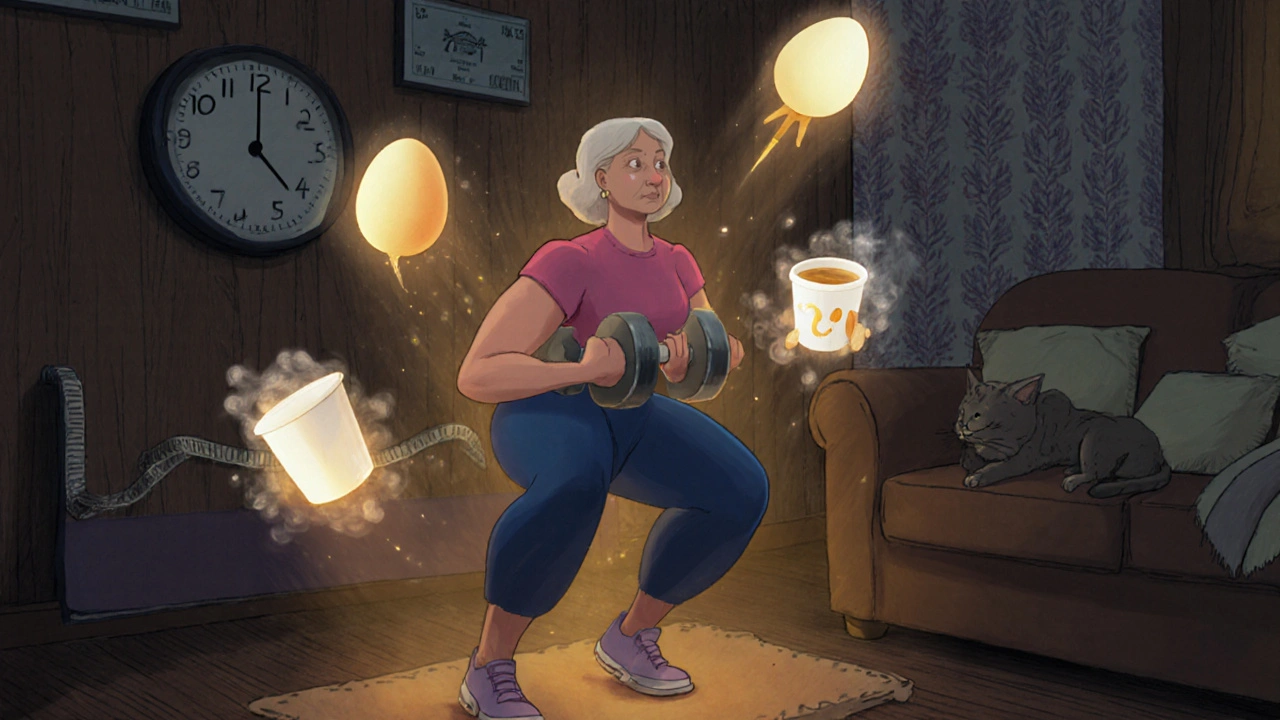 Woman doing squats at home, protein molecules floating nearby, clock showing night sweats and sleep improvement.