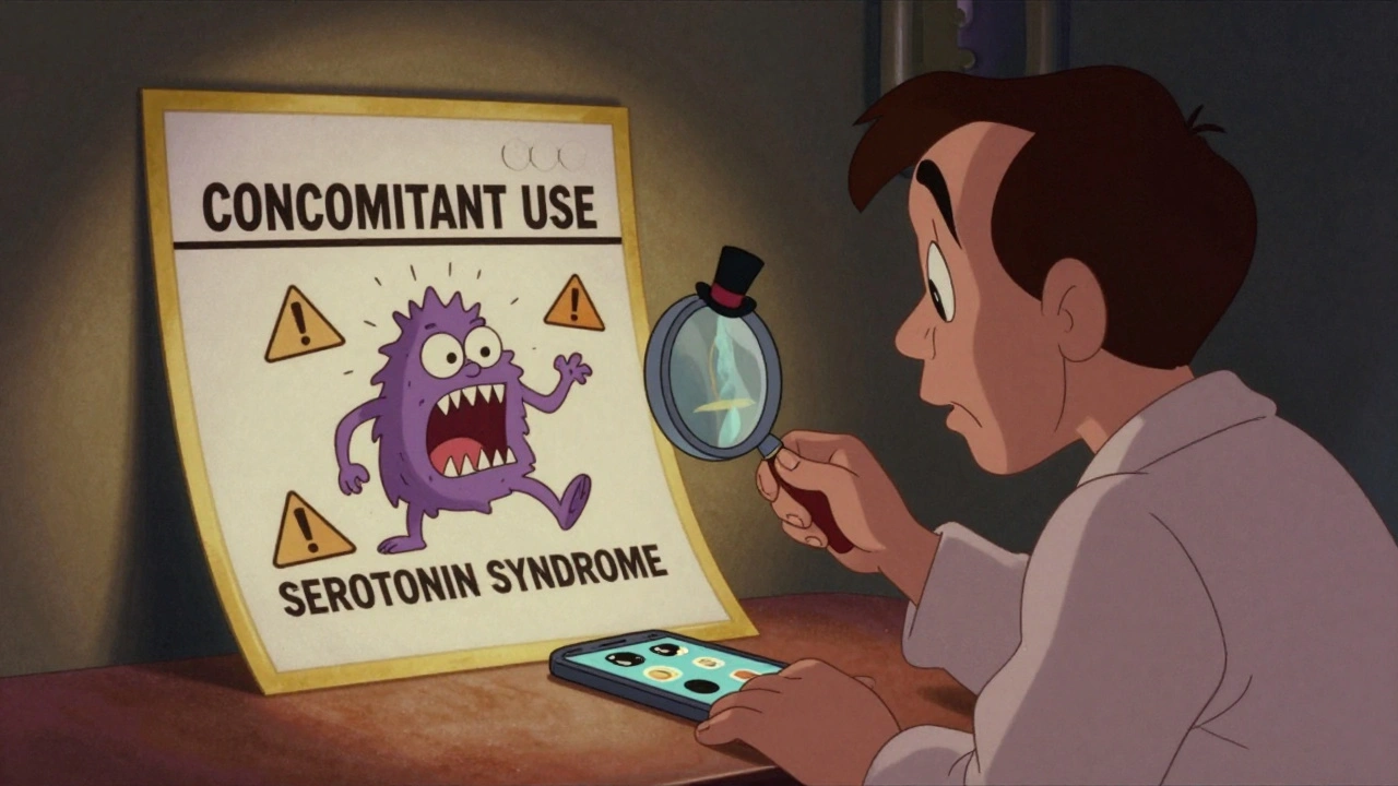 A confused patient watches cartoon monsters leap from a prescription label, while a pharmacist uses a magnifying glass to calm them.