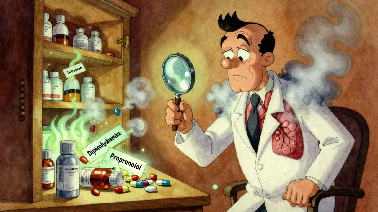 A doctor examines overflowing medicine cabinet as a patient's lungs shrink from dangerous drug interactions.