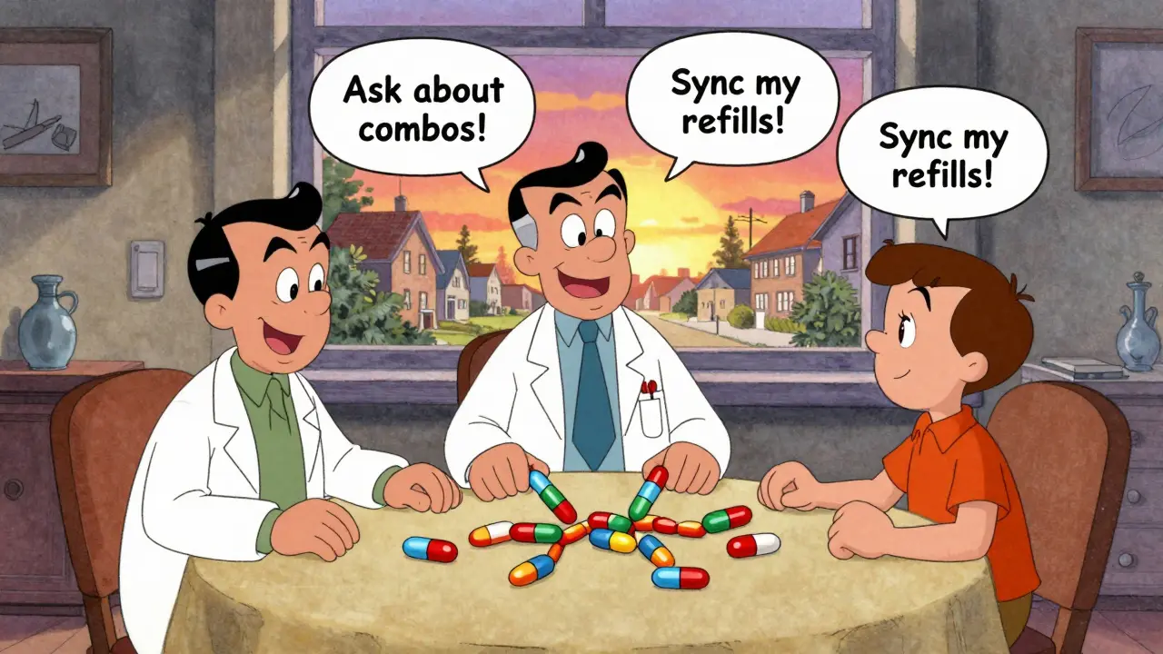 A doctor, pharmacist, and patient hold hands as tangled pills transform into four neat doses in classic 1930s animation style.