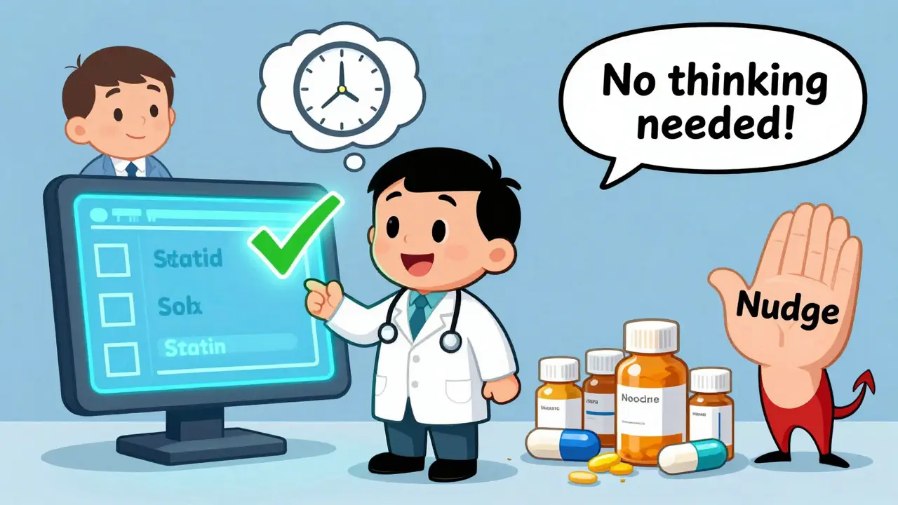 A doctor selects a generic drug by default on a glowing screen, with a cheerful nudge pushing aside complex pill piles.
