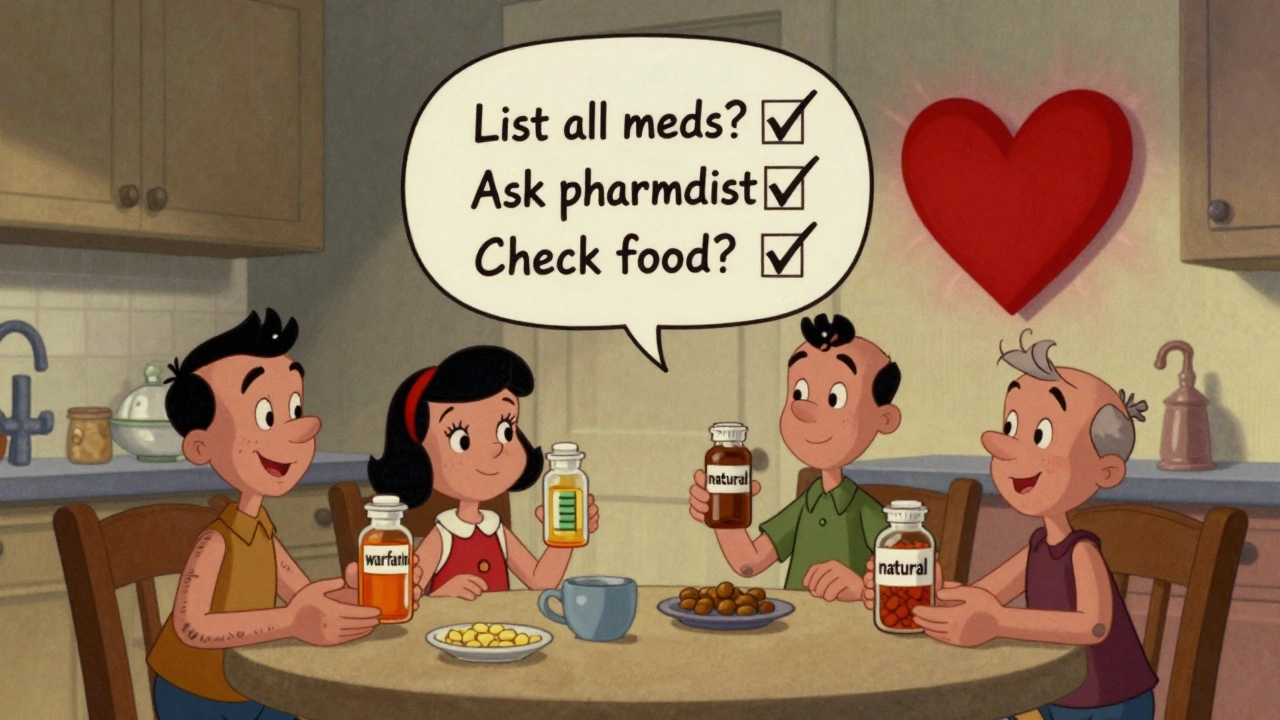 A family stands at a kitchen table with pill bottles, surrounded by a floating checklist and a glowing heart-shaped warning sign.