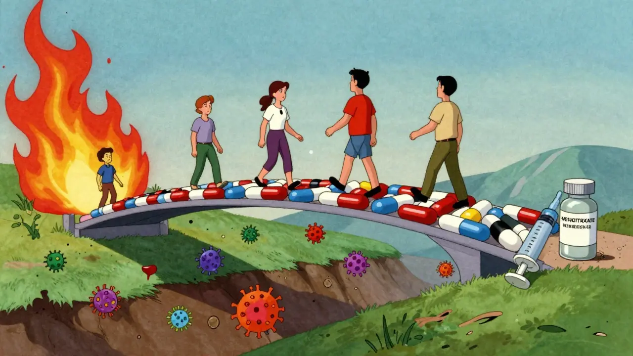 A medical bridge from steroids to safer treatments, with pathogens falling away as patients walk safely forward.