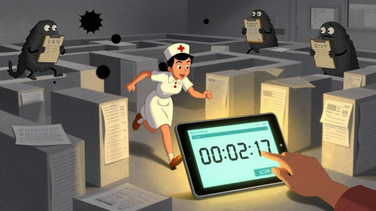 A nurse navigates a maze of paper forms while a digital approval timer counts down in glowing light.