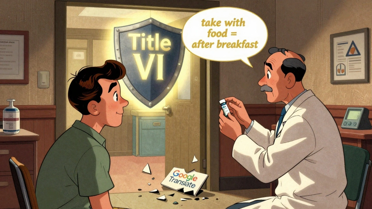 A patient correctly repeating medication instructions under a glowing Title VI shield, with broken translation apps on the floor.
