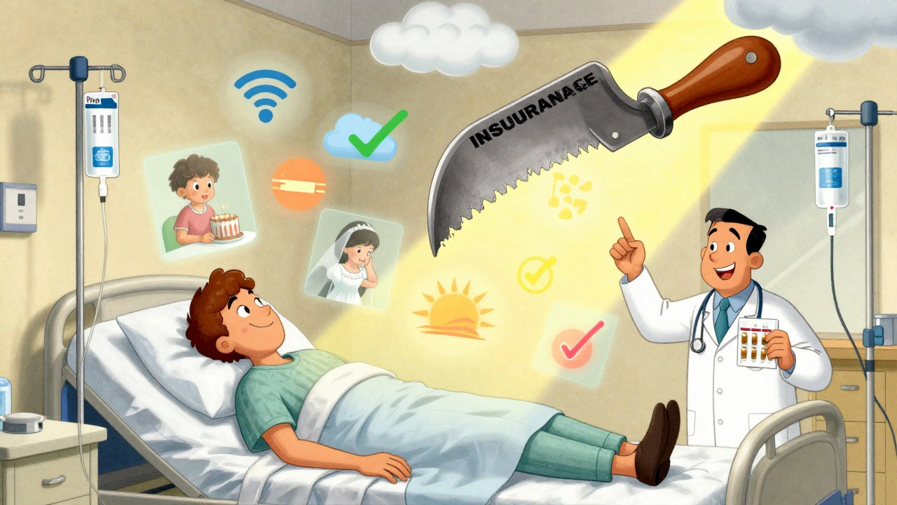 A patient in bed watches life fade as an insurance stamp falls, with digital hope breaking through above.