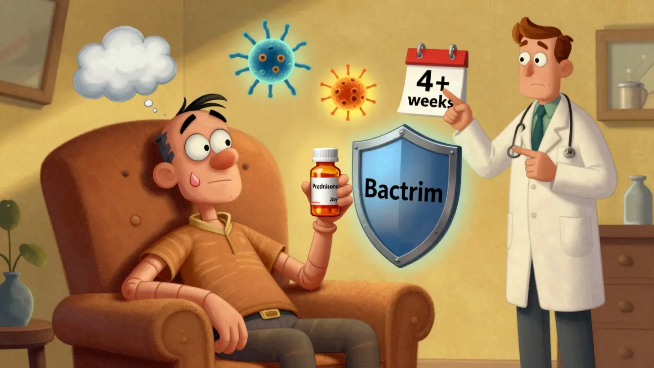 A patient on prednisone surrounded by health warnings and a protective shield, with a calendar marking long-term use.