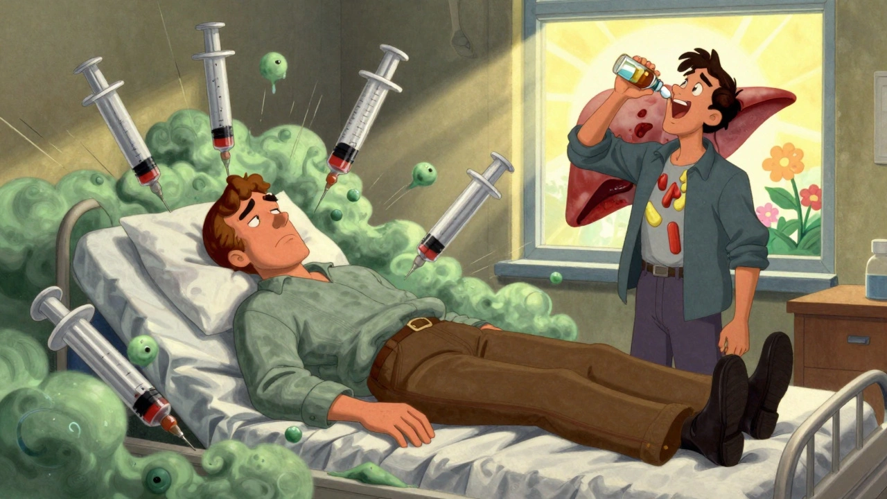 A patient transforming from suffering with needles to taking a single pill, shown in 1930s animation style.