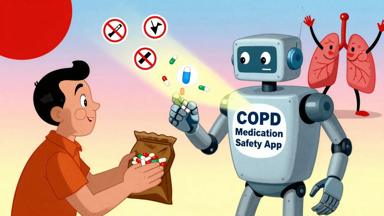 A patient uses a safety app to neutralize dangerous pills, with a happy lung dancing in the background.