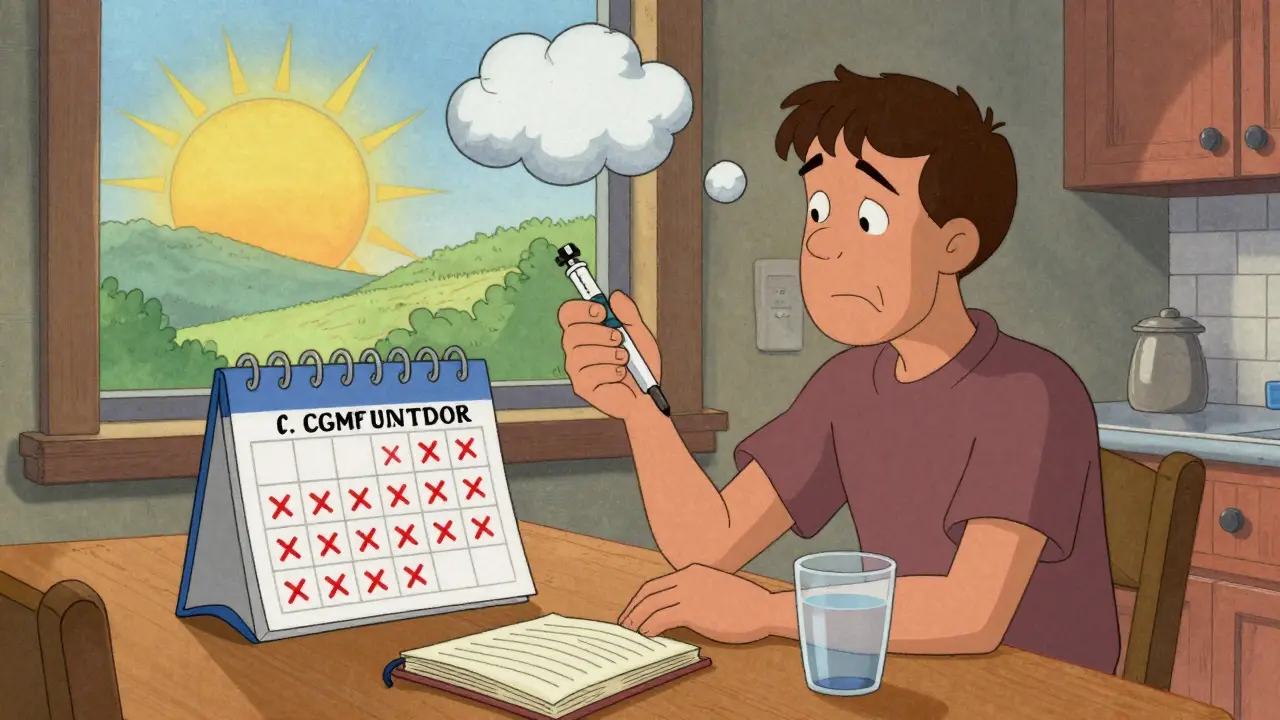 A person taking a daily CGRP injection while a calendar reduces migraine clouds in vintage cartoon style.