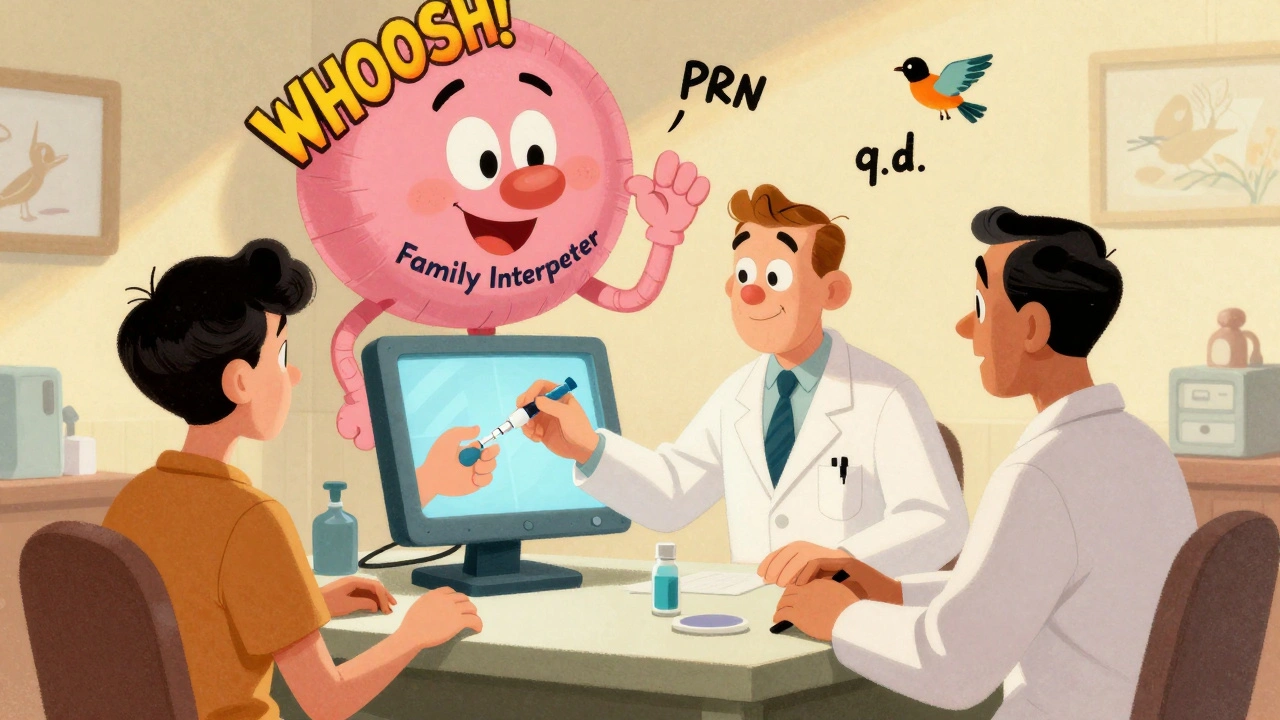 A pharmacist and interpreter demonstrate insulin use via video, while a popped family interpreter balloon flies away.