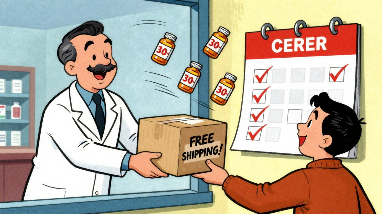 A pharmacist handing a mail-order package to a customer as 30-day pill bottles fly away in the wind.