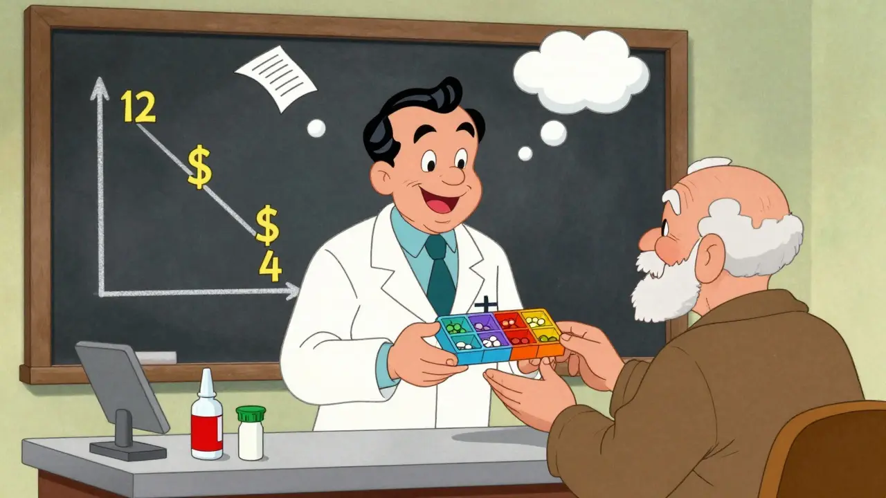 A pharmacist presents a colorful weekly pill organizer to a smiling senior, with a before-and-after graph in the background.